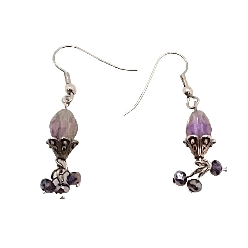 Purple Drop Earrings Silver Tone Handmade Fishhook Ear Wires